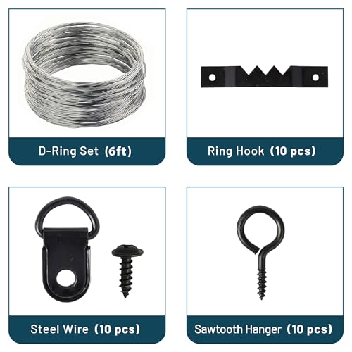 Image of Mr. Pen- Picture Hanging Kit, 220 pcs, Black, Assorted Hooks, Nails | Sawtooth Hangers, D-Rings, Steel Wire, Ring Hooks, Home Wall Mount Hardware for Frames, Canvas, Decor