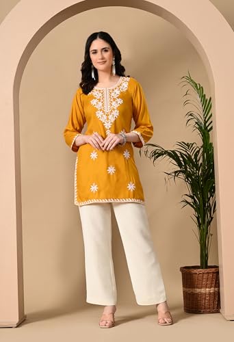 Image of LIBOZA Women's Chikankari Embroidered Short Kurti, Rayon Fabric, Three-Quarter Sleeves, Available in Pink, Black, Mustard Yellow, White, Pista and Green