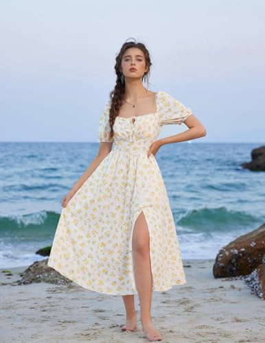 Image of Scarlet Darkness Women's Floral Corset Dress with Split 2026 Summer Spring Square Neck Midi Milkmaid Dresses
