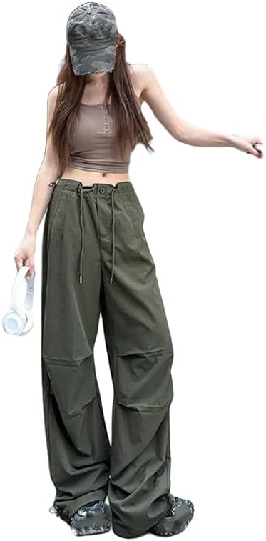 JYHBHMZG Women's American Style Summer High Waist Slimming Drawstring Cuffed Hem Casual Wide Leg Sports Cargo Pants