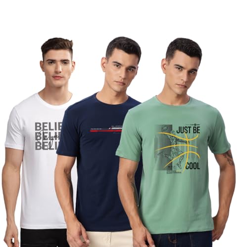 Image of ADRO 100% Cotton Lycra Tshirts for Men Combo Pack of 3 | Regular Fit | Printed T Shirt | Round Neck Half Sleeve| Mens Tshirts