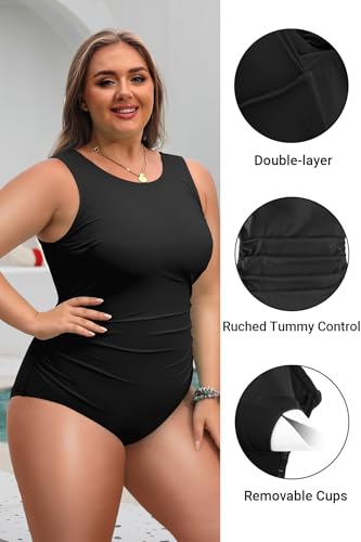 Daci Women Black Plus Size One Piece Swimsuit Tummy Control Athletic Bathing Suit Slimming Swimwear 18 Plus - Thumbnail 4