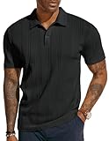 PJ PAUL JONES Mens Textured Knit Polo Shirts Regular Fit Stretchy Short Sleeve Golf Shirts Black