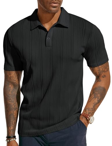 PJ PAUL JONES Mens Short Sleeve Polo Shirts Lightweight Textured Polo Shirts for Summer Black