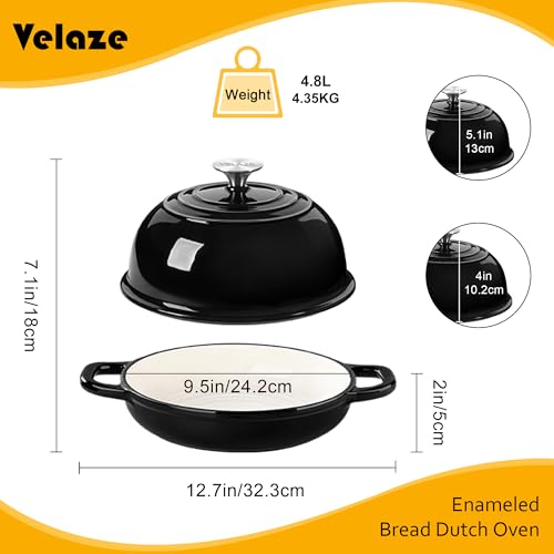 Velaze Enameled Cast Iron Dutch Oven for Bread Making, Bread Pan with Lid, Dutch Oven For Sourdough Bread Baking, Cast Iron Bread Pot, Black, 24cm Casserole Dish with Lid, 5 Quart - Image 4