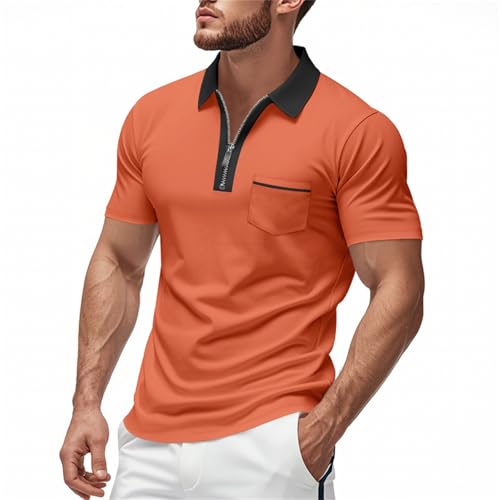 Tobysper Polo para hombre, ligero, cómodo, transpirable, informal, de patchwork, manga corta, corte ajustado, estilo urbano, naranja, L