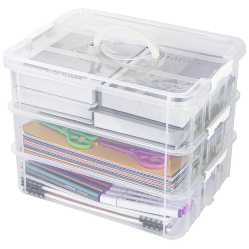 Creahaus 3-Stöckige Aufbewahrungsbox mit Deckel für Bastelarbeiten Stapelbare Aufbewahrungsboxen für Bastelmaterial Nähkasten Sortierbox Nähgarn Aufbewahrung(weiß)