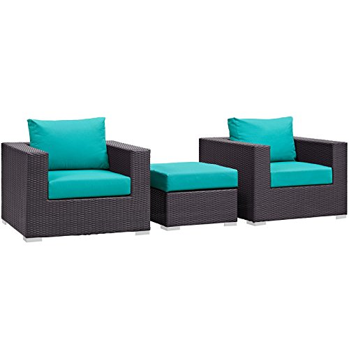 Modway Convene Wicker Rattan 3-Piece Outdoor Patio Furniture Set in Espresso Turquoise