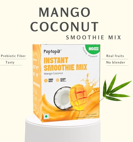 Image of Poptopia Mango Coconut Smoothie Mix | Smoothie CHAMP | No Added Preservatives or Colors | A Quick, Nutritious, and Delicious drink | All Natural, 0% Sugar | Pack of 5 = 125gms = ~1Litre Fresh Smoothie | Ready in 15 seconds | 100% Vegan & Gluten free
