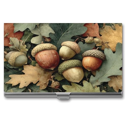 Acorns And Oak Leaves Business Card Holder, Pocket Slim Portable Metal Business Card Case for Women Men