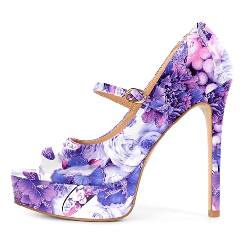 Image of SAMMITOP Women's Peep Toe High Heels Platform Stiletto Pumps Patent Mary Jane Heels 5.5 inch Party Wedding Dress Shoes