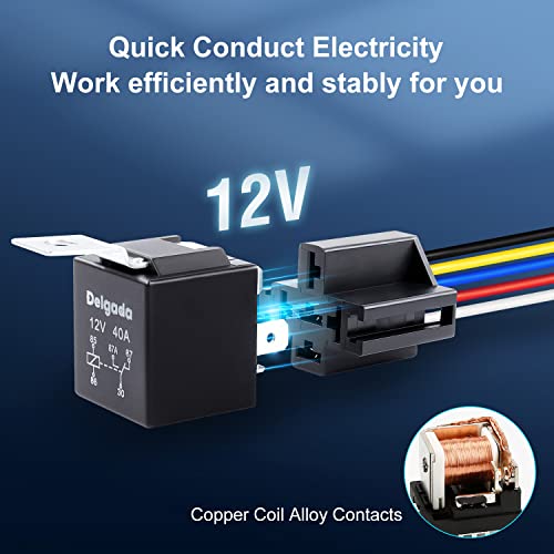 Delgada 5-Pack Automotive Relay Harness Set With Socket,5 Pin 12V 40Amp Spdt Iron Back Relays,For Boat Truck Motorcycle #TOP3