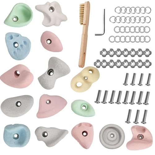 Qicrdvi Premium Rock Climbing Holds, Rock Climbing Grips for Adults & Kids with Full T-Nut Hardware Kit, Indoor Outdoor Home Climbing Wall, for Wood Walls (15Pcs-Wood)