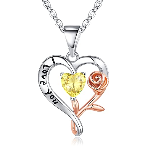 M MOOHAM Heart Birthstone Necklace for Women, S925 Sterling Silver Necklace for Women Citrine Necklace November Birthstone Necklace for Women Birthday Gifts for Women Wife Mom Jewelry Gifts for Her