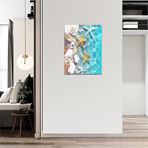 Nautical Beach Wall Art Ocean Starfish Seashell Pictures Wall Decor Blue Ocean Coastal Canvas Print Painting Framed Modern Home Artwork For Bathroom Living Room Bedroom Office 12"X16" #TOP2