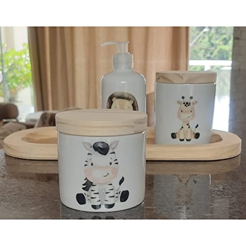 Kit higiene bebê 4 peças Safari - Bandeja, potes e porta álcool - Peças porcelana bandeja e tampas p