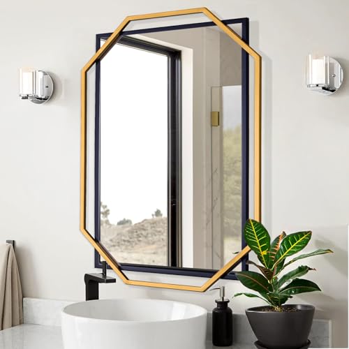 Autdot Modern Bathroom Mirror, 36" x 24" Black and Gold