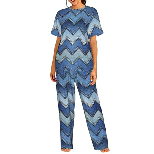 Pyjama manches courtes femme bleu imprimé denim vêtement de nuit confortable