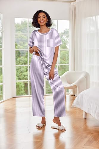 Image of Ekouaer Womens Satin Silky Pajama Set Short Sleeve Shirt with Long Pajama Pant Set Soft PJ Loungewear