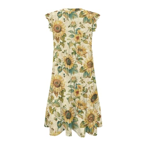 Image of Women's Casual Ruffle Sleeve Dress V Neck Pullover Dress Flowy A-Line Pleated Lightweight Dress with Pockets