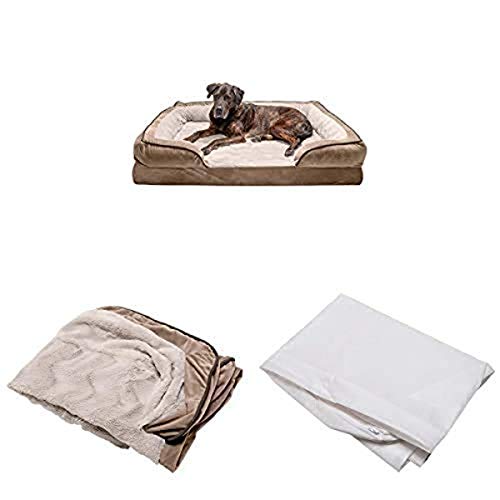 Furhaven Pet Bundle - Jumbo Plus Brownstone Orthopedic Plush & Velvet Waves Perfect Comfort Sofa, Extra Dog Bed Cover, & Water-Resistant Mattress Liner For Dogs & Cats #TOP9