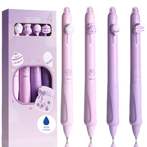 Lot de 4 Stylo Effaçables Kawaii - Gateau, Glaces, Dessert, Délicieux - Avec Bille sur L'extrémité Pour Effacer L'encre - Animaux Rétractable et...