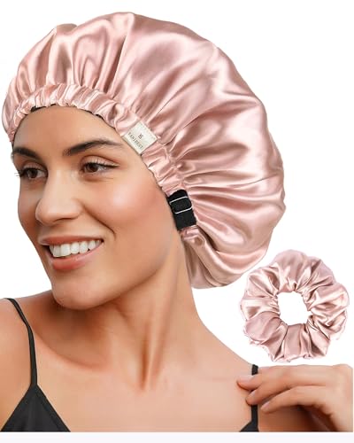 YANIBEST Adjustable Silk Bonnet Double Layer Satin Bonnet Hair Bonnet for Sleeping Bonnets for Women Hats Curly Natural Hair, Blush Pink
