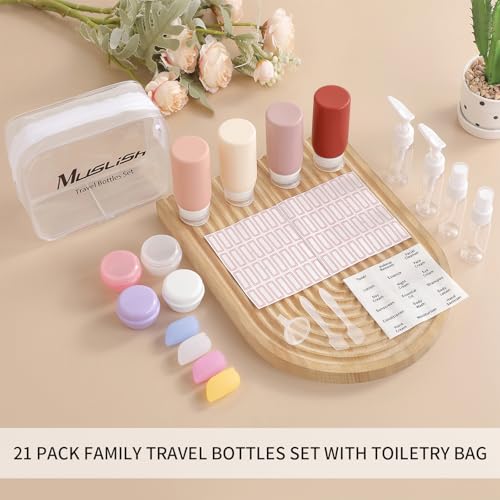 Muslish 21 Pack Travel Bottles for Toiletries, Leak-Proof TSA Compliant Silicone Travel Size Containers for Shampoo and Conditioner, BPA Free with Toiletry Bag (Cream)