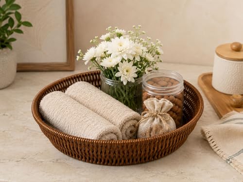 Image of Decorative Handwoven Basket for Bread, Fruits & Vegetable Storage Durable Round Rattan Basket for Kitchen, Dining & Cafe Serving Purpose