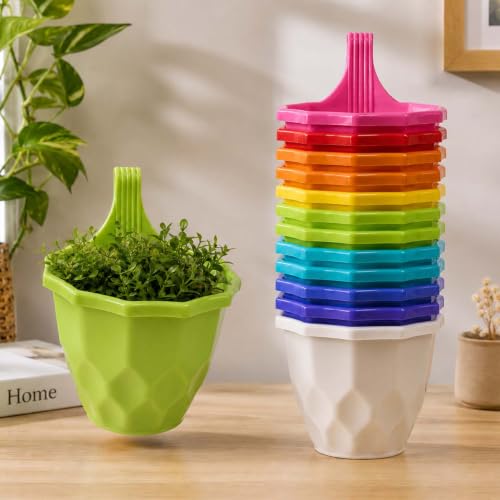 Image of Amazon Brand - Umi Hanging Planter Pots for Railing Pack of 15 | Plastic Geometric Hook Flower Pot for Fence Grill Balcony (Multicolor, 15.5x9x19cm) Decorative Planters for Home Garden Decor