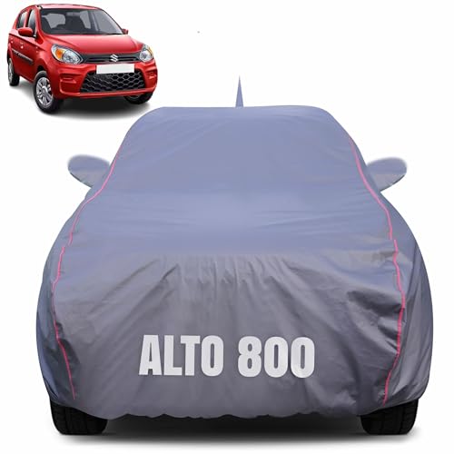 Image of 100% Waterproof Car Body Cover for Maruti Suzuki Alto 800 (2000-2023) with Mirror Pocket (Heat & UV Resistant, Triple Stitched, Soft Lining, Bottom Elastic & Piping) Grey