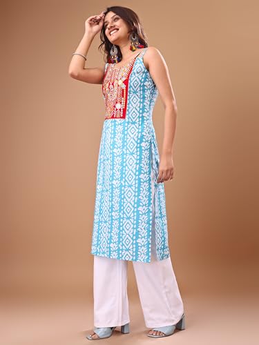 Image of EthnicJunction Women's Cotton Blend Straight Fit Straight Embroidered Batik Print Shoulder Straps Kurta | Navratri Special Kurta