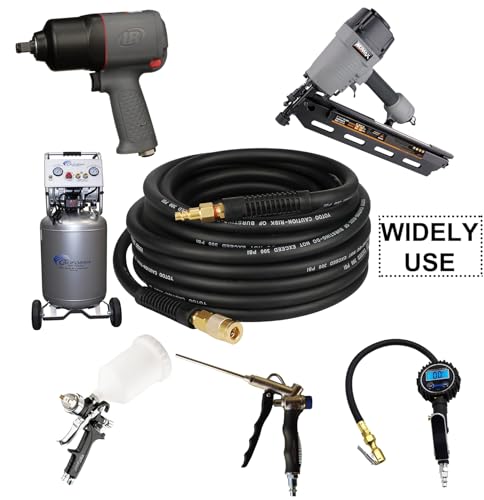 YOTOO Hybrid Air Hose 3/8-Inch by 50-Feet 300 PSI Heavy Duty, Lightweight, Kink Resistant, All-Weather Flexibility with 1/4-Inch Industrial Quick Coupler Fittings, Bend Restrictors, Black