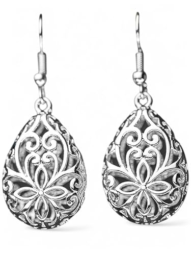 Product Image of the 1001 Nights Oriental Earrings - Ethnic Traditional Folklore Floral Pattern Silver Elegant Drop Dangle Statement Jewelry - Mother Day Gift