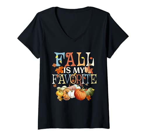 Mujer FALL IS MY FAVORITE Vintage Calabazas Otoño Hojas Camiseta Cuello V