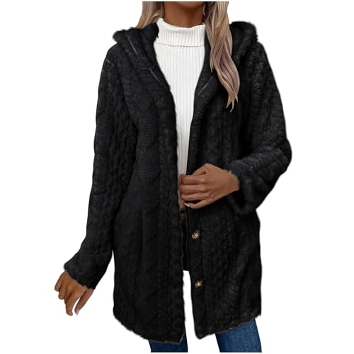 OVARA Womens Fluffy Thick Cardigans with Hood Winter Fleece Jacket Longline Outdoor Thermal Long Sleeve Fuzzy Wool Coats Plus Size Casual Elegant Ladies Overcoat Long Cardigan Black