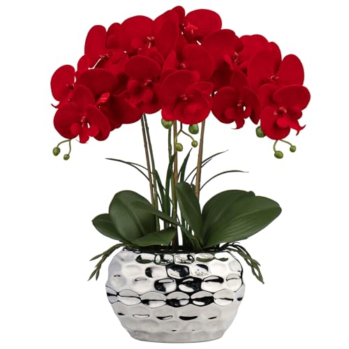 Briful 44CM Künstliche Orchideen Phalaenopsis Kunstblumen wie Echt Dekorative Orchidee Bonsai Kunstpflanze Arrangement im Keramiktopf für Tisch Wohnzimmer Wohnkultur Dekoration (Rot)