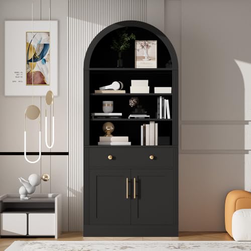Image of Farmhouse Arched Bookshelf with Storage Cabinet(Black Style3) | Tall Display Bookcase with Drawer Doors&Adjustable Shelves, Freestanding Kitchen Pantry Cabinet for Living Room, Home Office