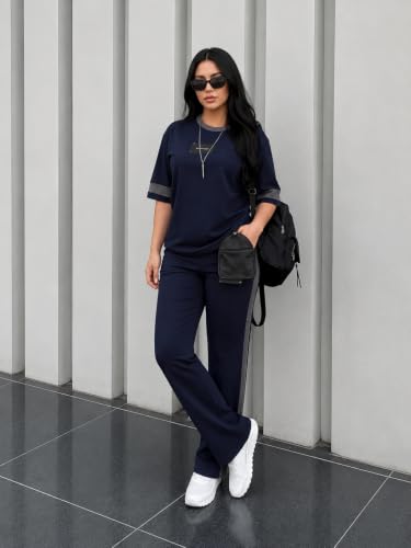 Image of Tracksuit for Women | Casual Brown Loungewear 2 Piece Set | Short Sleeve T Shirt and Wide Leg Pants with Side Stripes | Sports Jogging Co ord Matching Sweatsuit(40-N-1-4)