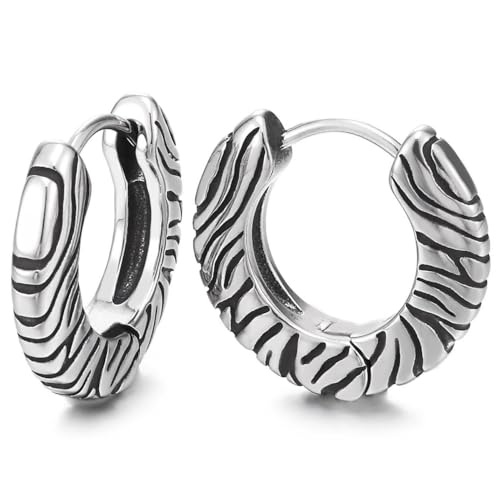 Pendientes de aro grabados en acero resistente con textura animal y cierre huggie pesado