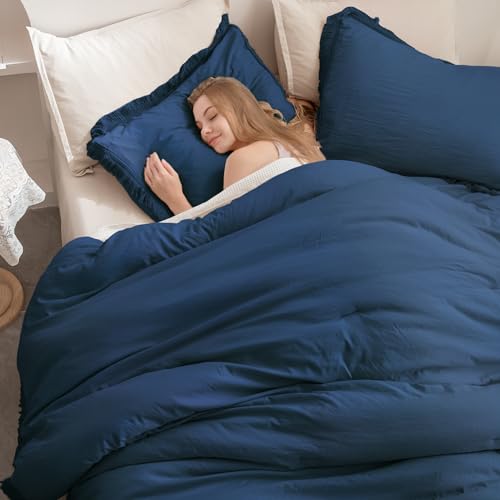 Image of Andency Navy Blue Comforter Set Full Size, 3 Pieces Boho Tassel Lightweight Bedding Comforter Sets, All Season Soft Fluffy Fringe Bed Set (79x90In Comforter & 2 Pillowcases)
