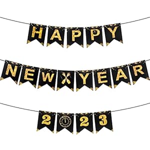 3 Pieces Happy New Year Banner 2023 No DIY Required Black and Golden 2023 Happy New Year Party Sign Paper Happy New…
