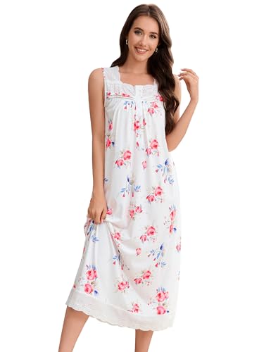 YesFashion Women's Nightgown Summer Sleeveless Victorian Lace Button Sleepwear Soft Lightweight Ruffle Hem Lounge Dress