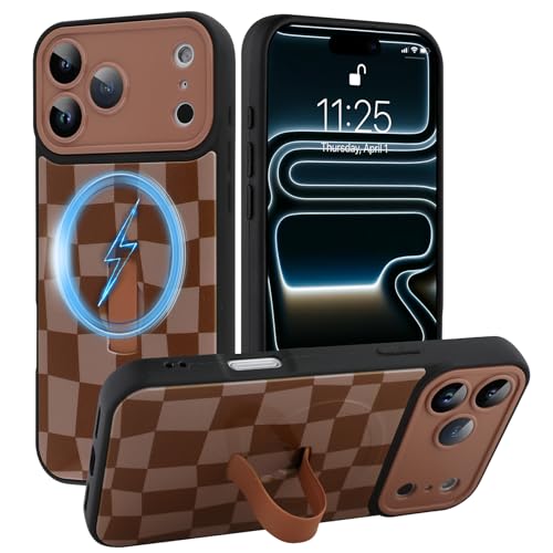 SOKAD Magnetic Checkered Case for iPhone 17 Pro Max with Finger Strap Kickstand, Compatible with Magsafe, Cute Checkerboard Designed for Women Men, Full Camera Protection Cover, Brown by SOKAD - Used condition - US$17.08