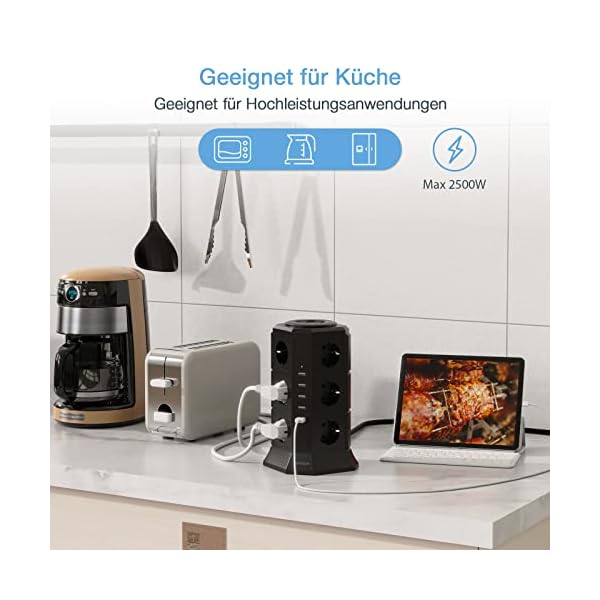 TESSAN 12 Fach Steckdosenleiste 2500W 10A mit 5 USB – Bild 6