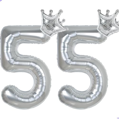 55 Balloon Numbers 40 inch Silver Number Balloon for 55th Birthday Decorations for Men Women, Giant Jumbo Foil Mylar 55 Birthday Decoration for Him Her