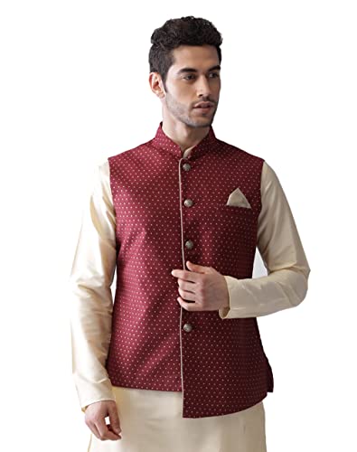 Image of KISAH Men's Cream Jacquard Silk Blend Nehru Jacket- Traditional Indian Waistcoat for Weddings & Royal Parties