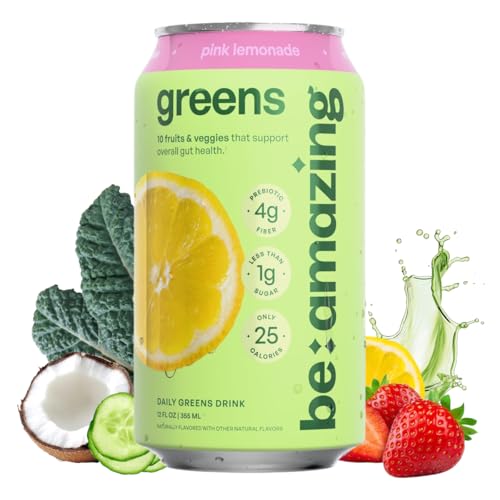 Be Amazing Greens Drink, Pink Lemonade, Vitamin Drinks With 10 Organic Fruits and Vegetables, Coconut Water, Vitamin C, and Prebiotic Fiber, 25 Calories, Low Sugar, Vegan and Gluten Free, 8 Pack