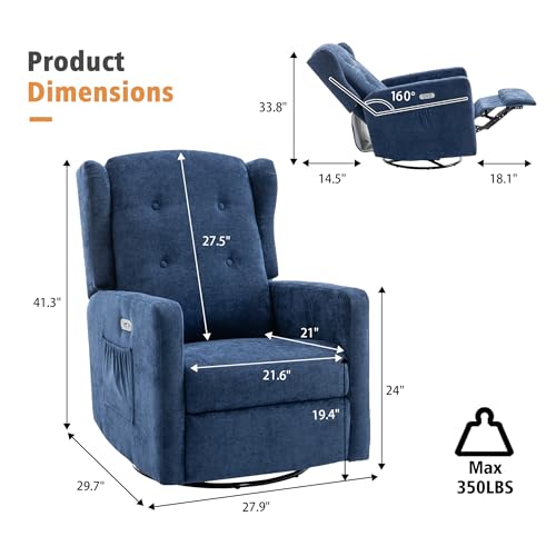 Image of Ketaiyou Power Swivel Rocking Recliner Chair, Electric Rocker Nursery Glider Chair, USB and Type-C Ports, Upholstered Fabric Reclining Single Sofa Chair for Living Room (Blue)