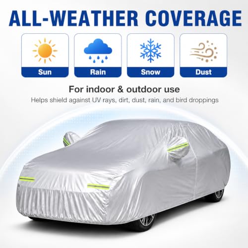 Image of GXARTS 5-Layer Heavy Duty Car Cover for Sedans (185 inchL x 74 inchW x 60 inchH) | Waterproof Vinyl Outer,All-Weather Outdoor Indoor | Windproof Straps, Mirror Pockets, Door Zipper | UV Snow Rain Dust Protection
